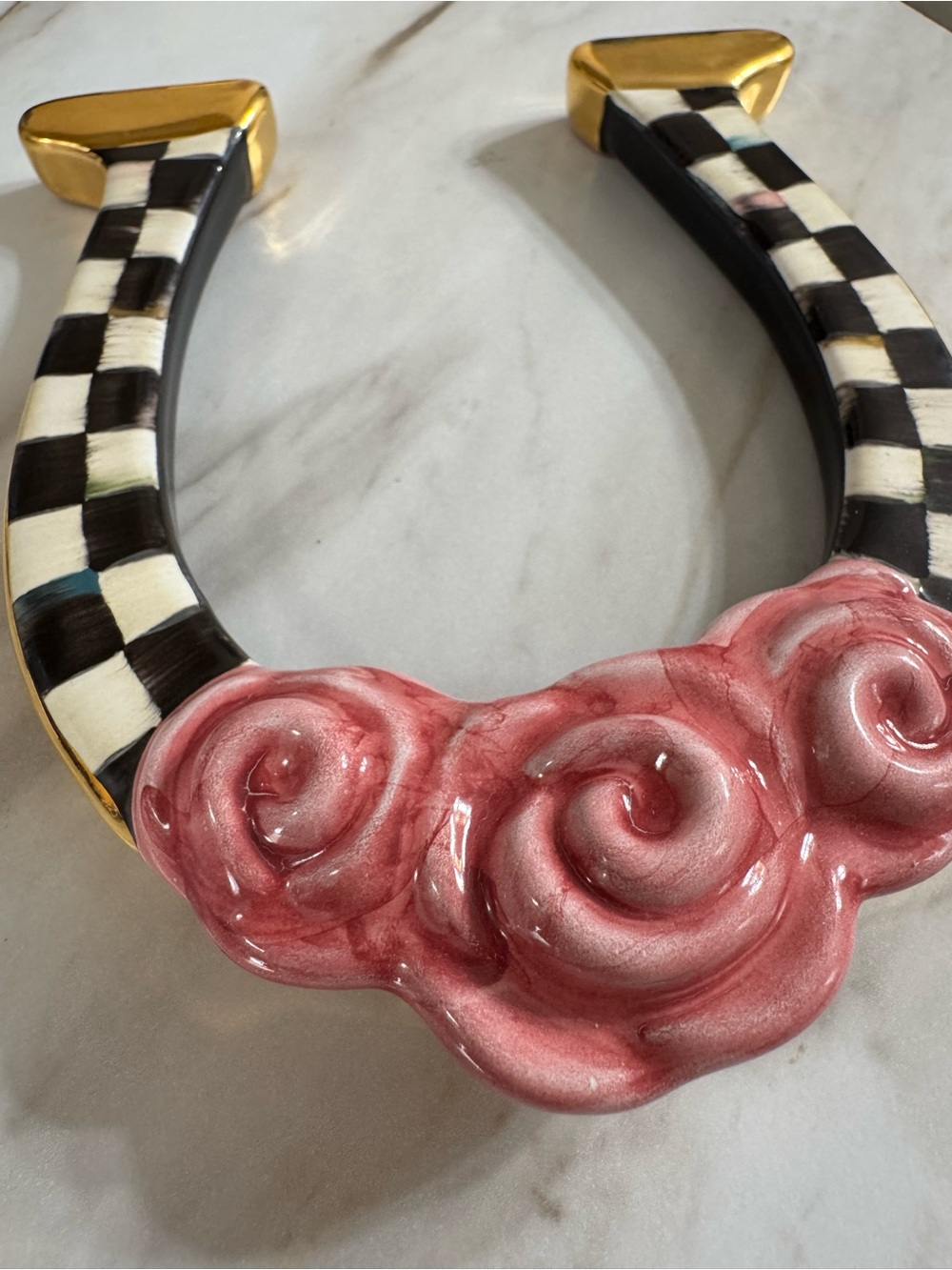 MacKenzie-Childs Courtly Check Horseshoe with Pink Rose and Gold Accents - Picture 2 of 9